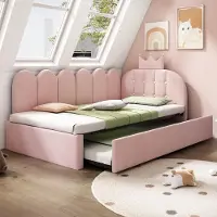OKWISH Divano letto 90x200, letto per bambini con letto estraibile, letto imbottito, letto singolo, letto per ospiti, forma a L, testiera con decorazione a , salvaspazio, rosa (con un materasso)