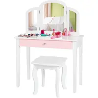 Costway Set da toilette 2in1 per bambini con cassetto con triplo specchio pieghevole e sgabello per il trucco bianco