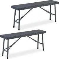 Relaxdays Set di 2 panche da birreria , pieghevoli, per terrazza e giardino, effetto rattan, panche da campeggio in plastica, DxLxA: 42x102x25 cm, grigio