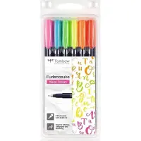 Tombow Pennarello Fudenosuke Con Punta A Pennello Rigida Ad Inchiostro A Base D´acqua Astuccio Da 6 Colori Neon