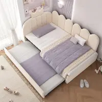 OKWISH Divano letto 90x200, letto per bambini con letto estraibile, letto imbottito, letto singolo, letto per ospiti, forma a L, testiera con decorazione a , salvaspazio, beige (con un materasso)