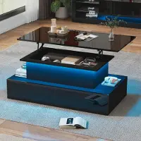 Sweiko Moderno tavolino nero lucido con illuminazione a LED e 4 cassetti - Elegante tavolino 90x55x41 cm con spazio di stivaggio fino a 30 kg