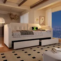 Flieks divano letto imbottito 90x200cm con USB e luce di lettura, letto contenitore letto singolo con 2 cassetti, letto funzionale letto da giorno divano letto, velluto, beige