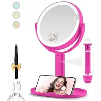 OEM Specchio cosmetico regolabile, con ingrandimento 20x, illuminazione su entrambi i lati, colore rosa acceso