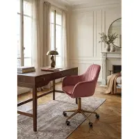 KADIMA DESIGN Sedia da scrivania in velluto rosa, sedia girevole di design con schienale, sedia da lavoro 120 kg regolabile in altezza, sedia a guscio con rotelle, sedia girevole