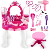 Kinderplay Toilette per bambini con bacchetta magica, effetti luminosi e sonori, connessione MP3 e sgabello - Tavolino da toilette interattivo per ragazze