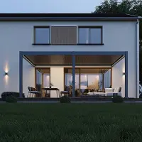 Weide Pergola elettrica da parete E-Deluxe Plus, interamente in alluminio, 4x6 m, con tetto a lamelle color antracite