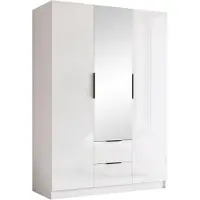 Mirjan 24 Armadio Calwi II 150, camera da letto, con specchio, armadio a ante battenti, con asta appendiabiti, moderno, guardaroba, maniglie in metallo (colore: bianco / bianco lucido + nero)