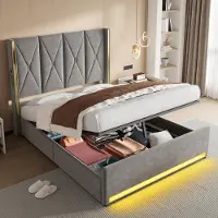 LVHOM Letto imbottito con contenitore, letto matrimoniale con luci a LED, porte USB e tasche laterali, letto funzionale, 160x200 cm, grigio