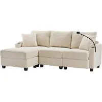 Aiorber Divano angolare a L con poggiapiedi, portabicchieri, USB, bracciolo, 2 cuscini, in velluto a coste, trasformabile, beige / grigio scuro