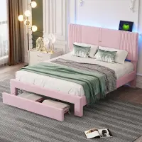 Aiorber Letti imbottiti , 140 x 200 cm, con illuminazione LED e USB, ampio cassetto, rivestimento in velluto, robusta struttura in metallo, letto matrimoniale, rosa