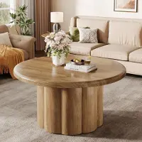 Tribesigns Tavolino rotondo 80 cm, tavolino rotondo in stile rustico, con base a tamburo scanalato, in legno per appartamenti, stanze piccole, marrone