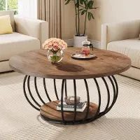 Tribesigns Tavolino rotondo , tavolino industriale in legno da 100 cm a due livelli, con ripiano e struttura in metallo, rustico marrone nero