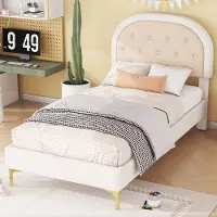 Aiorber Letto imbottito , 90x200cm, letto con rete a doghe, letto con piedini in metallo, velluto, testata curva, letto per bambini, per camerette, appartamenti, beige