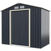 GIANTEX Casetta da giardino in metallo, ripostiglio con 2 ante scorrevoli e 4 finestre di aerazione, casetta da giardino con tetto a due falde, ripostiglio da esterno, grigio (213x127x195 cm)