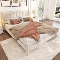 Aiorber Letto imbottito , 180 x 200 cm, con rete a doghe e testata imbottita, design a onda, robuste gambe cilindriche, superficie vellutata, beige
