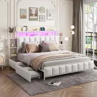 Aiorber Letto imbottito , 160x200 cm, quattro cassetti spaziosi, ampio spazio di archiviazione, con illuminazione LED, struttura del letto in ferro massiccio, letto matrimoniale, bianco