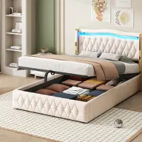 Aiorber Letto imbottito , 140x200 cm, rete a doghe, con illuminazione LED cambia colore, contenitore idraulico, rivestimento con diamanti lucidi, velluto, beige