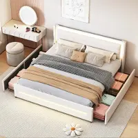 Aiorber Letto imbottito , 180x200cm, con illuminazione LED, con quattro scomparti, tessuto di lino, testata imbottita, letto matrimoniale, con rete a doghe, beige