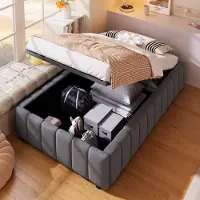 Aiorber Letto imbottito , 90x200 cm, supporto idraulico, facile da montare, struttura in MDF massiccio, biancheria, ampio spazio di archiviazione, grigio (senza materasso)