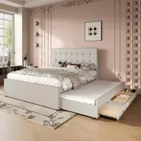 Aiorber Letto imbottito , 140x200cm, con letto estraibile per ospiti, 3 cassetti, testata regolabile in altezza, struttura in legno, ideale come letto familiare o matrimoniale, beige