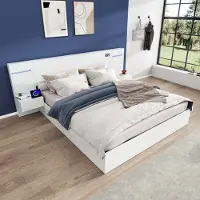 Aiorber Letti imbottiti, 160x200 cm, letto intelligente in legno, con altoparlante Bluetooth, luce LED a colori, orologio e 2 comodini, 2 comodini, letto matrimoniale, bianco