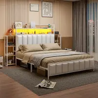 Aiorber Letto imbottito , 140x200 cm, con illuminazione LED, struttura in metallo, doppi ripiani, Similcuoio, ripiani bifacciali, letto matrimoniale, bianco