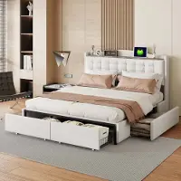Aiorber Letto imbottito , 160x200 cm, tessuto di lino, con ripiani, ampio spazio di archiviazione, struttura in metallo, con porta di ricarica USB, 4 cassetti, letto matrimoniale, beige