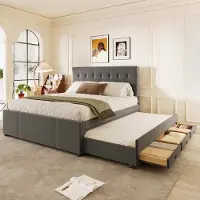 Aiorber Letto imbottito , 140x200cm, con letto estraibile per ospiti, 3 cassetti, testata regolabile in altezza, struttura in legno, ideale come letto familiare o matrimoniale, beige