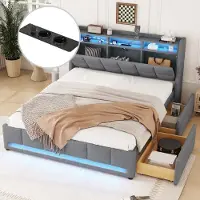 Aiorber Letto imbottito , 160 x 200 cm, con illuminazione a LED e connessione USB, struttura del letto con cassetti, spazio di archiviazione integrato, lino robusto & MDF, grigio