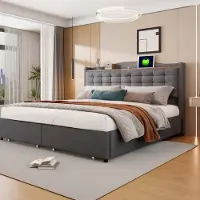 Aiorber Letto imbottito , 160x200 cm, tessuto di lino, con ripiani, ampio spazio di archiviazione, struttura in metallo, con porta di ricarica USB, 4 cassetti, letto matrimoniale, grigio