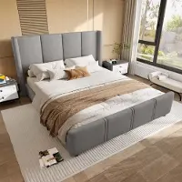 Aiorber Letto imbottito , 140 x 200 cm, con connessione USB, testata e pediera alte, struttura robusta in legno di ferro, morbida pelle scamosciata, montaggio facile, grigio