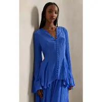 Ralph Lauren per donna. 211A96168001 Top blu stropicciato con chiusura a bottoni. (34), Casual, Manica lunga, Lyocell