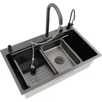 OEM Lavello da cucina, tre vasche, rubinetto estraibile a cascata, nero