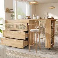 Flieks Tavolino da bar con 6 cassetti e ante in rattan PE, tavolo alto girevole a 360° con sistema anti-ribaltamento, tavolo da bistrot 128-203 x 39 x 90 cm, colore naturale
