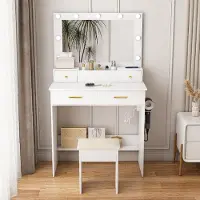 MODFU : Tavolino da trucco con illuminazione LED e cassetti. Sgabello imbottito. Tavolino da trucco con cassetti. Cassetto e supporto per asciugacapelli. Colore: bianco