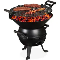 Relaxdays Barbecue a botte, ghisa e acciaio, regolabile in altezza, portatile, barbecue a carbonella, griglia Ø 35 cm, nero