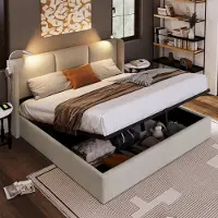 Flieks Letto imbottito 180x200 cm con rete a doghe, letto boxspring con luce di lettura e funzione di contenimento, letto matrimoniale con contenitore, letto funzionale, lino, beige