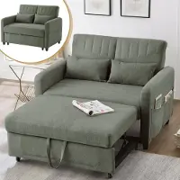 Merax Divano letto allungabile 2 in 1 con schienale regolabile a tre livelli, tessuto in cotone e lino traspirante, due posti con funzione letto, verde