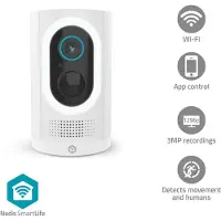 Nedis Telecamera Wi-Fi per esterni, 3 MP HD, visione notturna, IP65, batteria da 6 mesi