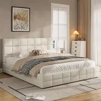 Flieks Letto imbottito 180x200 cm con rete a doghe, letto matrimoniale per ragazzi con testiera imbottita, letto classico in legno rivestito in velluto, beige