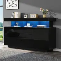 Fortuna Lai 140 x 35 x 80 cm credenza moderna, credenza lucida, mobile bar, credenza in acrilico con strisce luminose a LED, adatta per sala da pranzo, cucina, corridoio (nero)