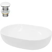 LuxeBath Lavabo Lavabo da appoggio ovale, 60x42x14,5 cm, bianco, in Vetroceramica, incl. set di scarico senza troppopieno