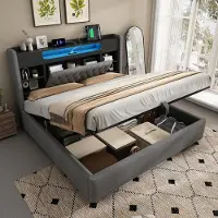 Flieks Letto imbottito 180x200 cm con USB e Type-C, letto idraulico con contenitore, mensola e vano portaoggetti, letto matrimoniale per ragazzi con rivestimento in pelle, lino, grigio