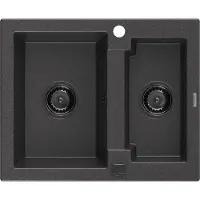 Mexen Carlos lavello in granito da cucina 1,5 vasche 582 x 475 mm, nero maculato, sifone nero - 6518581500-76-B