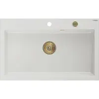 Mexen Elix lavello da cucina in granito 1-vasca 800 x 500 mm, bianco, sifone dorato - 6527801005-20-G
