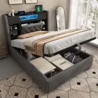 Flieks Letto imbottito 90x200 cm con USB e Type-C, letto idraulico con contenitore, scaffale e vano portaoggetti, letto singolo per ragazzi con LED, rivestimento in lino, grigio