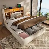 Flieks Letto imbottito 90x200 cm con USB e Type-C, letto idraulico con contenitore, mensola e vano portaoggetti, letto singolo per ragazzi con LED, tessuto, beige