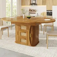 Flieks Tavolo da pranzo allungabile con vano portaoggetti integrato e finitura effetto rattan, tavolo da cucina, tavolo da pranzo 118-158 x 118 x 77,1 cm, color rovere