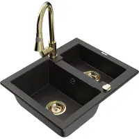 Mexen Carlos lavello in granito 1,5 vasca con rubinetto da cucina Elia, nero/oro metallizzato - 6518-75-670101-50